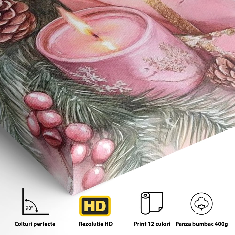 Tablou Canvas Premium, LuxCanva® D1077, Freamat de Sarbatoare, Daruri, Roz, Simboluri, Traditional, Farmec, Con, Brad, Ramuri, Lumanare, Aprinsa, Funda, Auriu, Masa, Camera Copil, Living, Dormitor
