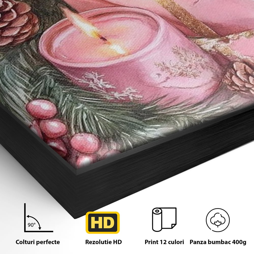 Tablou Canvas Premium, LuxCanva® D1077, Freamat de Sarbatoare, Daruri, Roz, Simboluri, Traditional, Farmec, Con, Brad, Ramuri, Lumanare, Aprinsa, Funda, Auriu, Masa, Camera Copil, Living, Dormitor