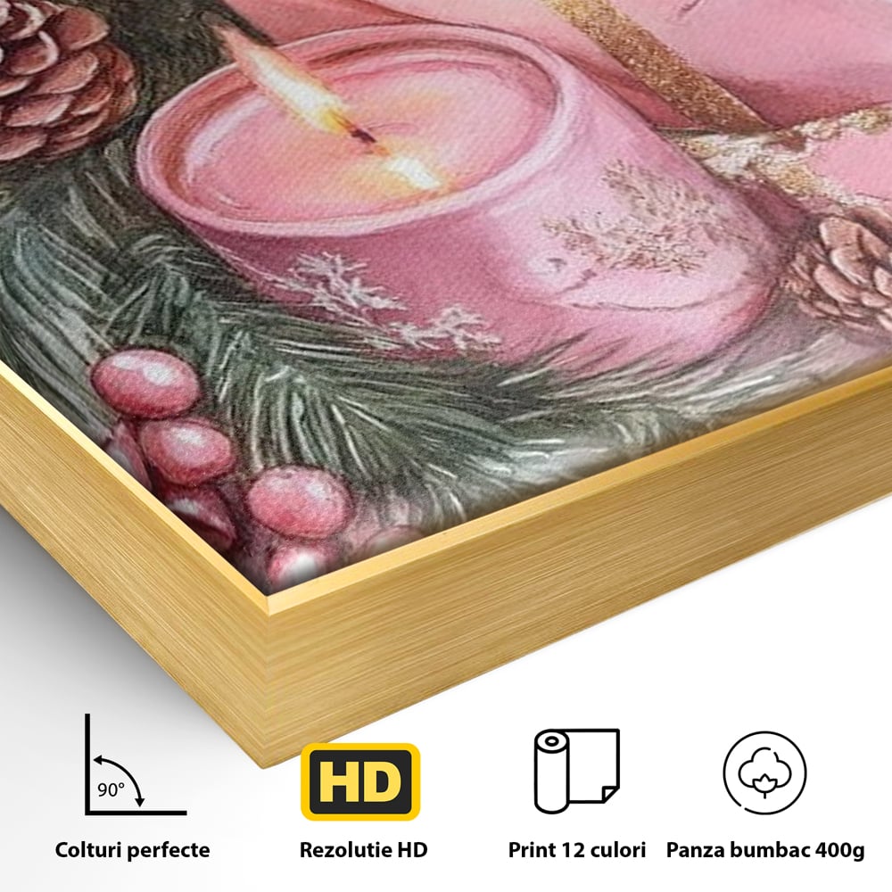 Tablou Canvas Premium, LuxCanva® D1077, Freamat de Sarbatoare, Daruri, Roz, Simboluri, Traditional, Farmec, Con, Brad, Ramuri, Lumanare, Aprinsa, Funda, Auriu, Masa, Camera Copil, Living, Dormitor