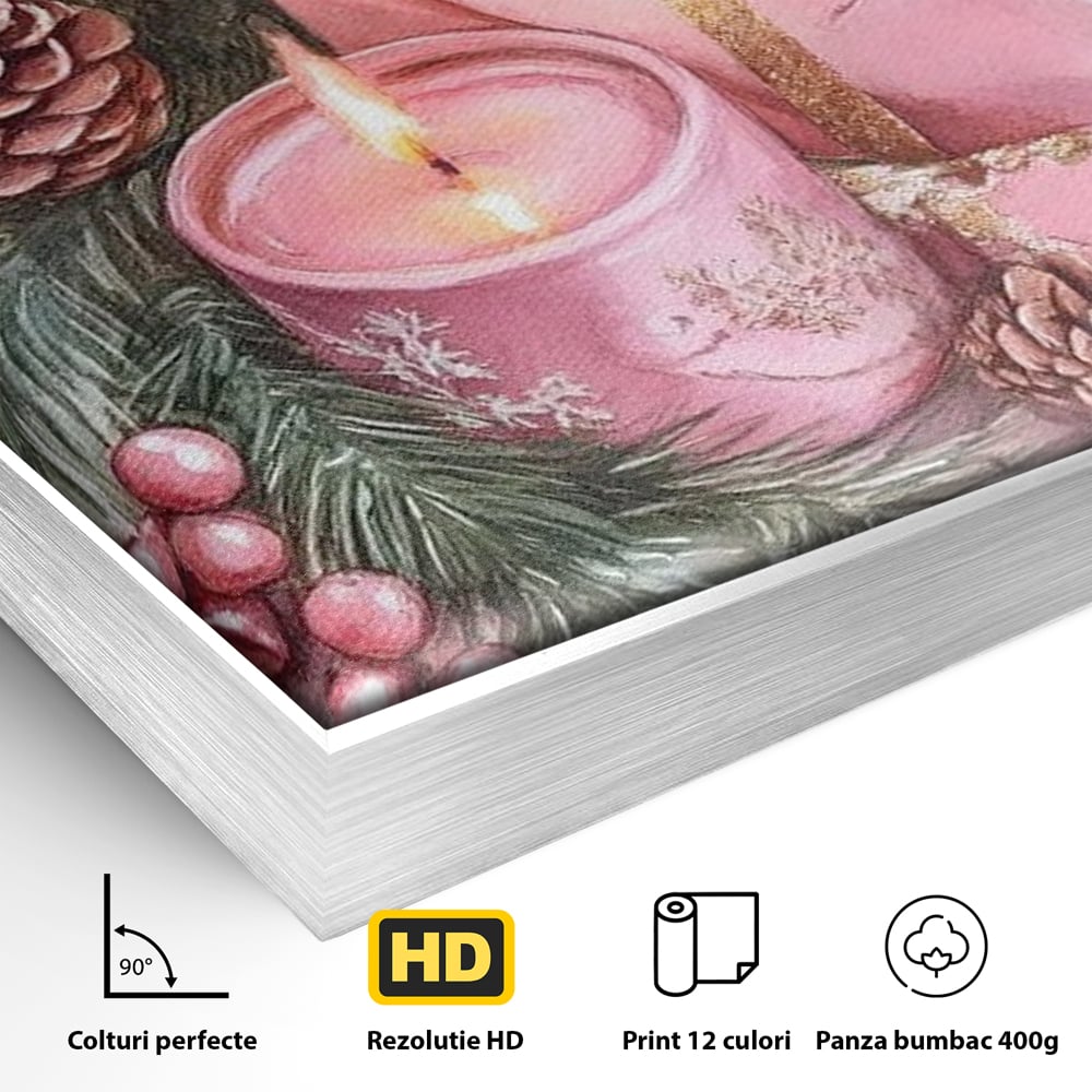 Tablou Canvas Premium, LuxCanva® D1077, Freamat de Sarbatoare, Daruri, Roz, Simboluri, Traditional, Farmec, Con, Brad, Ramuri, Lumanare, Aprinsa, Funda, Auriu, Masa, Camera Copil, Living, Dormitor