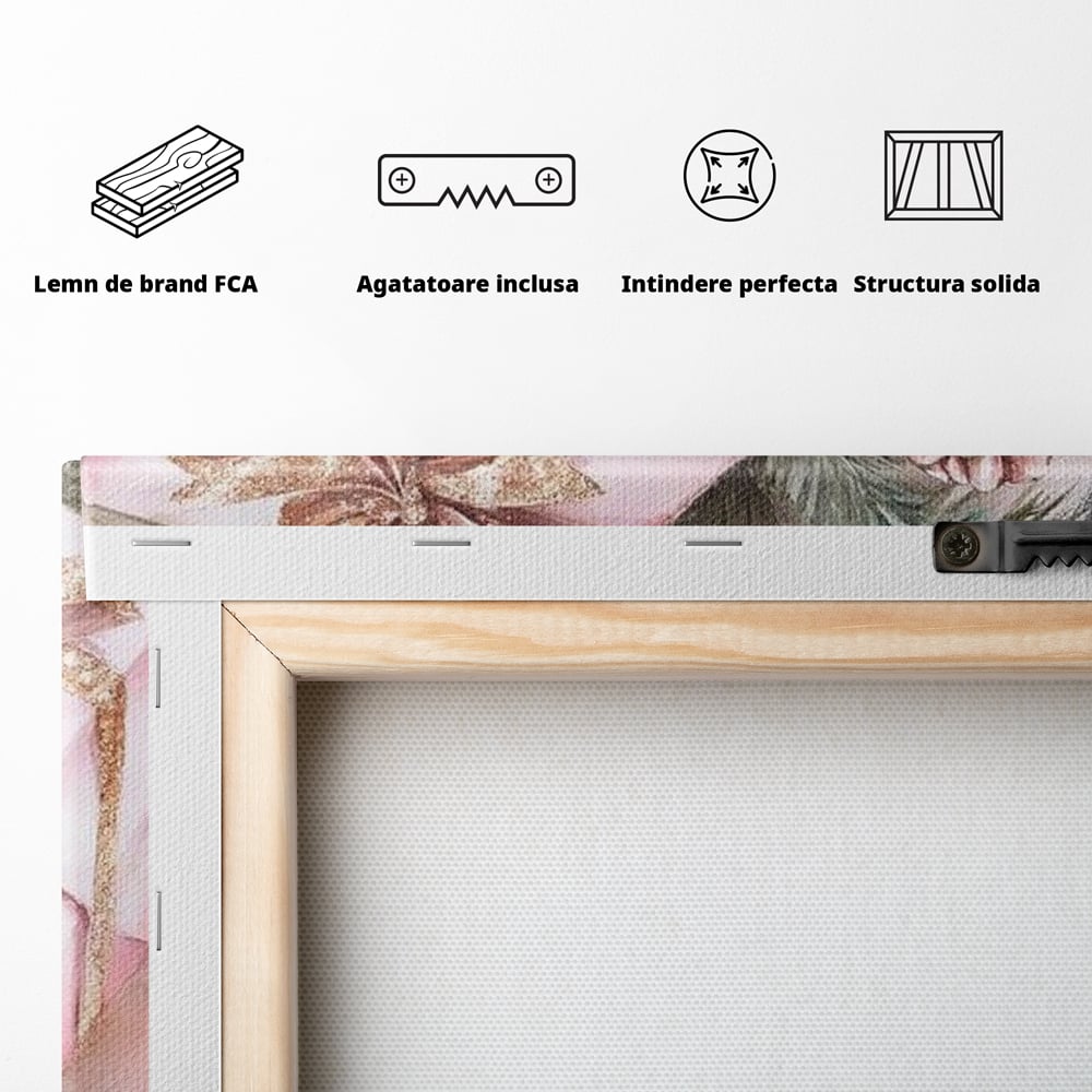 Tablou Canvas Premium, LuxCanva® D1077, Freamat de Sarbatoare, Daruri, Roz, Simboluri, Traditional, Farmec, Con, Brad, Ramuri, Lumanare, Aprinsa, Funda, Auriu, Masa, Camera Copil, Living, Dormitor