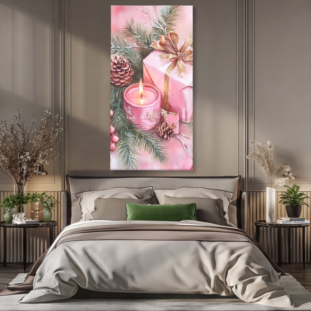 Tablou Canvas Premium, LuxCanva® D1077, Freamat de Sarbatoare, Daruri, Roz, Simboluri, Traditional, Farmec, Con, Brad, Ramuri, Lumanare, Aprinsa, Funda, Auriu, Masa, Camera Copil, Living, Dormitor