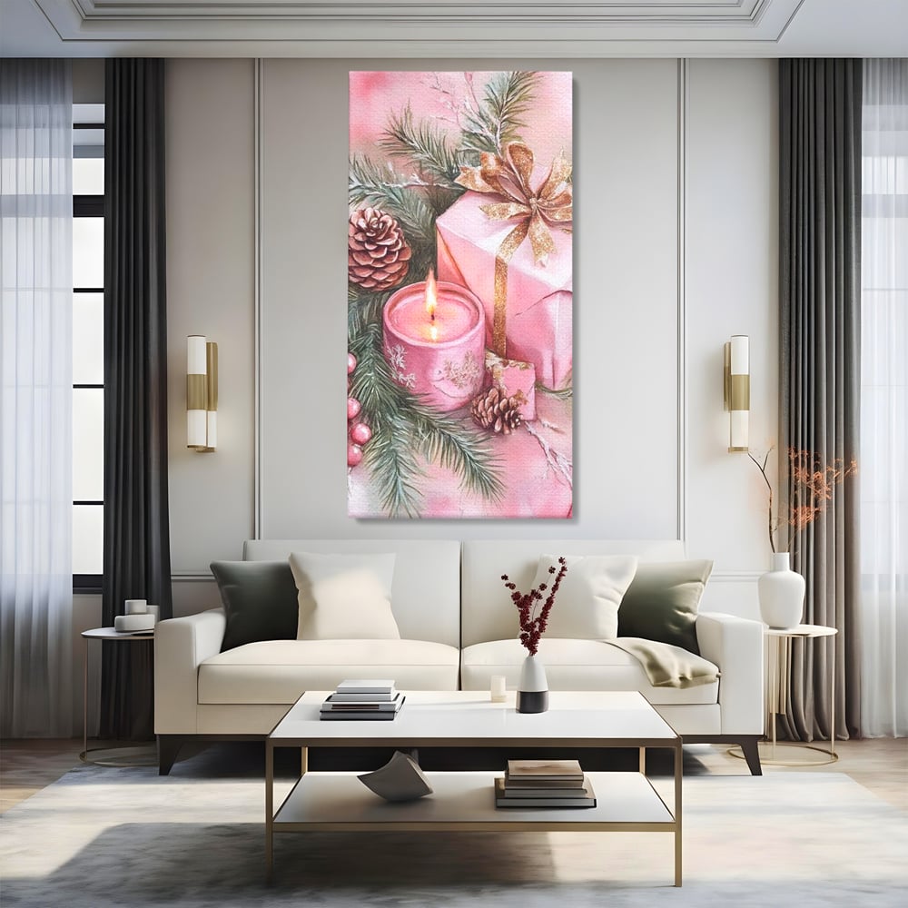 Tablou Canvas Premium, LuxCanva® D1077, Freamat de Sarbatoare, Daruri, Roz, Simboluri, Traditional, Farmec, Con, Brad, Ramuri, Lumanare, Aprinsa, Funda, Auriu, Masa, Camera Copil, Living, Dormitor
