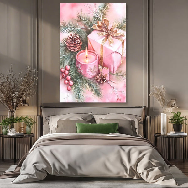 Tablou Canvas Premium, LuxCanva® D1077, Freamat de Sarbatoare, Daruri, Roz, Simboluri, Traditional, Farmec, Con, Brad, Ramuri, Lumanare, Aprinsa, Funda, Auriu, Masa, Camera Copil, Living, Dormitor