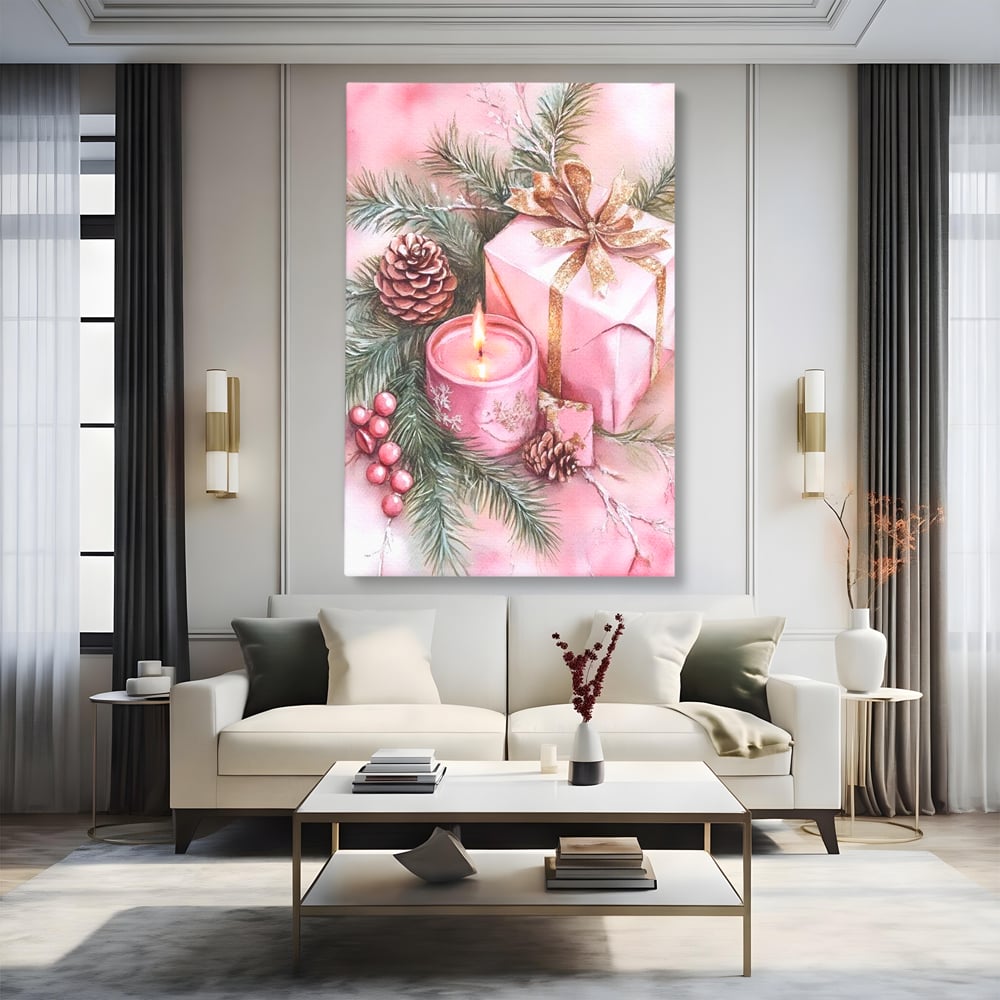Tablou Canvas Premium, LuxCanva® D1077, Freamat de Sarbatoare, Daruri, Roz, Simboluri, Traditional, Farmec, Con, Brad, Ramuri, Lumanare, Aprinsa, Funda, Auriu, Masa, Camera Copil, Living, Dormitor