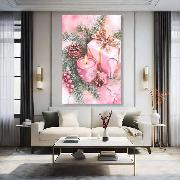 Tablou Canvas Premium, LuxCanva® D1077, Freamat de Sarbatoare, Daruri, Roz, Simboluri, Traditional, Farmec, Con, Brad, Ramuri, Lumanare, Aprinsa, Funda, Auriu, Masa, Camera Copil, Living, Dormitor