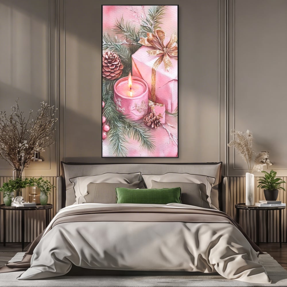 Tablou Canvas Premium, LuxCanva® D1077, Freamat de Sarbatoare, Daruri, Roz, Simboluri, Traditional, Farmec, Con, Brad, Ramuri, Lumanare, Aprinsa, Funda, Auriu, Masa, Camera Copil, Living, Dormitor