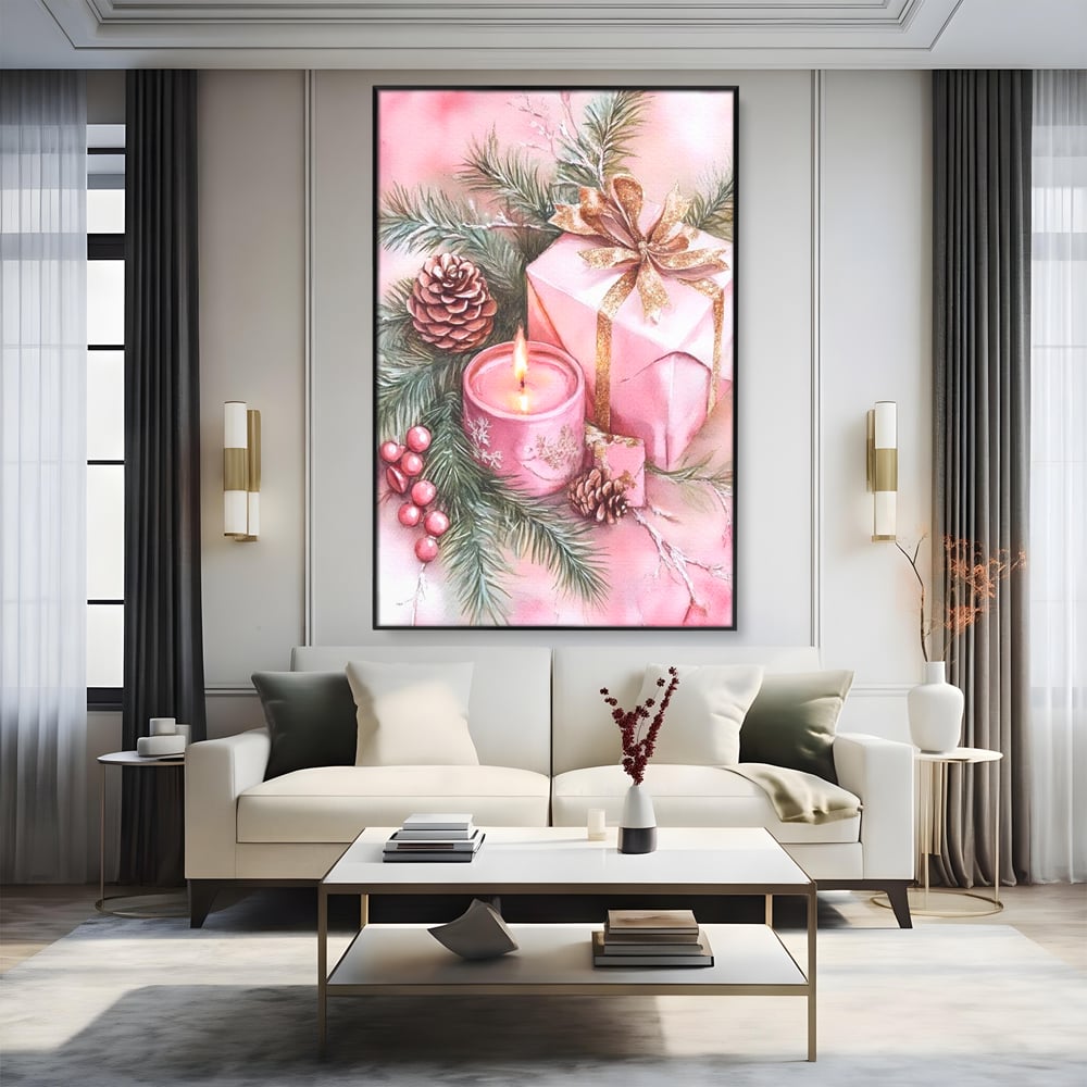 Tablou Canvas Premium, LuxCanva® D1077, Freamat de Sarbatoare, Daruri, Roz, Simboluri, Traditional, Farmec, Con, Brad, Ramuri, Lumanare, Aprinsa, Funda, Auriu, Masa, Camera Copil, Living, Dormitor