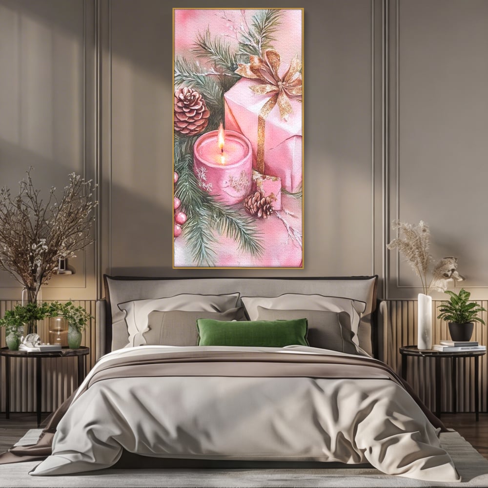 Tablou Canvas Premium, LuxCanva® D1077, Freamat de Sarbatoare, Daruri, Roz, Simboluri, Traditional, Farmec, Con, Brad, Ramuri, Lumanare, Aprinsa, Funda, Auriu, Masa, Camera Copil, Living, Dormitor
