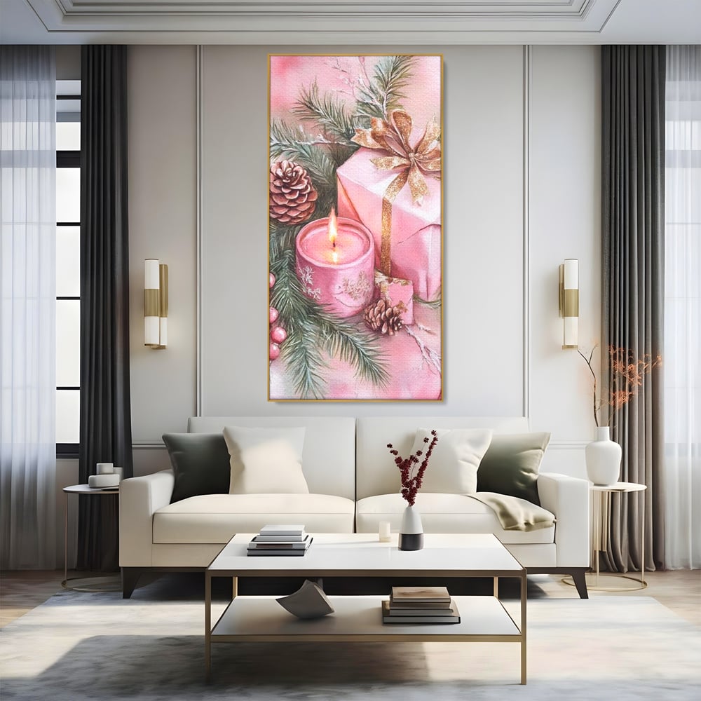 Tablou Canvas Premium, LuxCanva® D1077, Freamat de Sarbatoare, Daruri, Roz, Simboluri, Traditional, Farmec, Con, Brad, Ramuri, Lumanare, Aprinsa, Funda, Auriu, Masa, Camera Copil, Living, Dormitor
