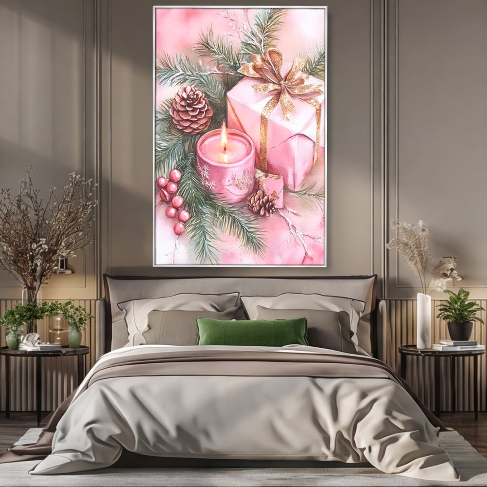 Tablou Canvas Premium, LuxCanva® D1077, Freamat de Sarbatoare, Daruri, Roz, Simboluri, Traditional, Farmec, Con, Brad, Ramuri, Lumanare, Aprinsa, Funda, Auriu, Masa, Camera Copil, Living, Dormitor