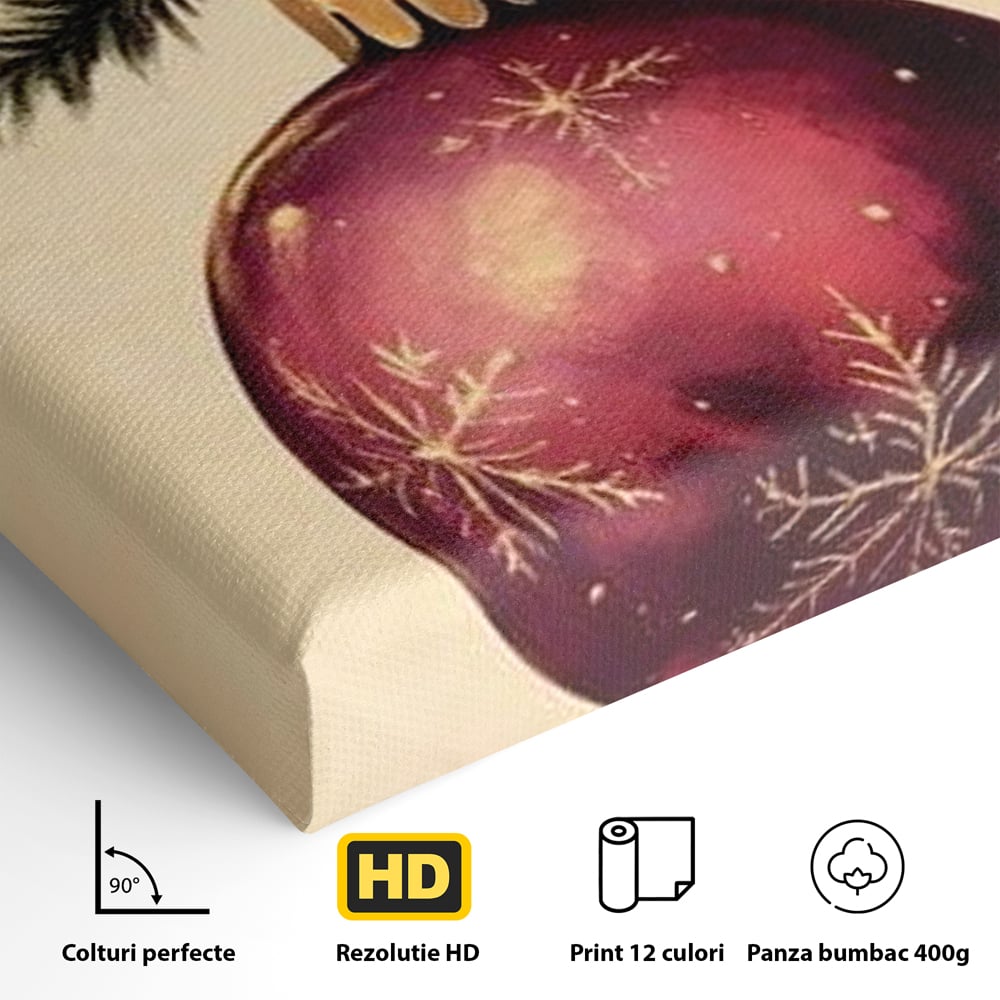 Tablou Canvas Premium, LuxCanva® D1078, Glob Regal, Stralucire, Visiniu, Frumusete, Aur, Rosu, Ramura, Verde, Brad, Podoaba, Iarna, Festiv, Panglica, Atemporal, Clasic, Camera Copil, Living, Dormitor