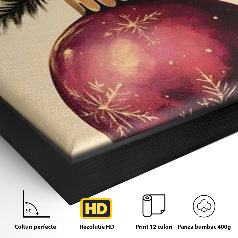 Tablou Canvas Premium, LuxCanva® D1078, Glob Regal, Stralucire, Visiniu, Frumusete, Aur, Rosu, Ramura, Verde, Brad, Podoaba, Iarna, Festiv, Panglica, Atemporal, Clasic, Camera Copil, Living, Dormitor