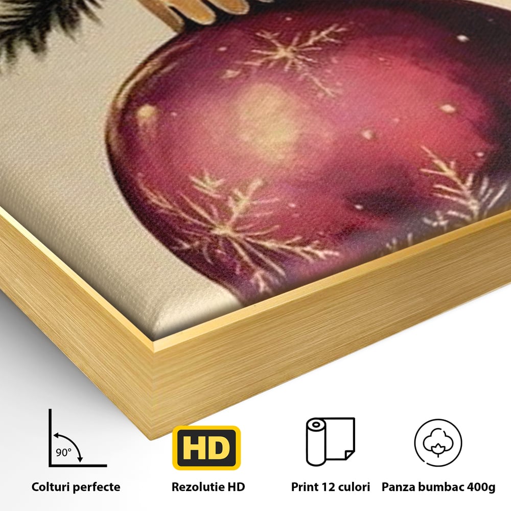 Tablou Canvas Premium, LuxCanva® D1078, Glob Regal, Stralucire, Visiniu, Frumusete, Aur, Rosu, Ramura, Verde, Brad, Podoaba, Iarna, Festiv, Panglica, Atemporal, Clasic, Camera Copil, Living, Dormitor