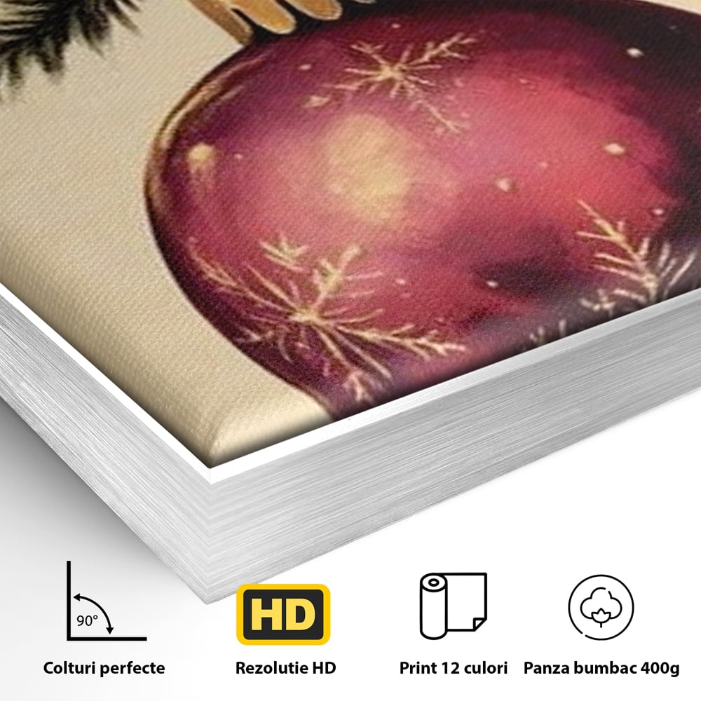 Tablou Canvas Premium, LuxCanva® D1078, Glob Regal, Stralucire, Visiniu, Frumusete, Aur, Rosu, Ramura, Verde, Brad, Podoaba, Iarna, Festiv, Panglica, Atemporal, Clasic, Camera Copil, Living, Dormitor