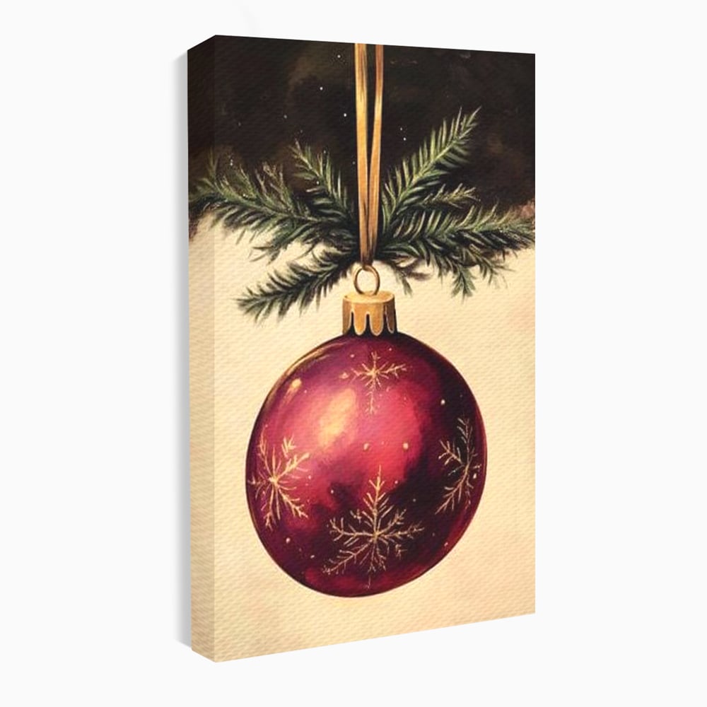 Tablou Canvas Premium, LuxCanva® D1078, Glob Regal, Stralucire, Visiniu, Frumusete, Aur, Rosu, Ramura, Verde, Brad, Podoaba, Iarna, Festiv, Panglica, Atemporal, Clasic, Camera Copil, Living, Dormitor