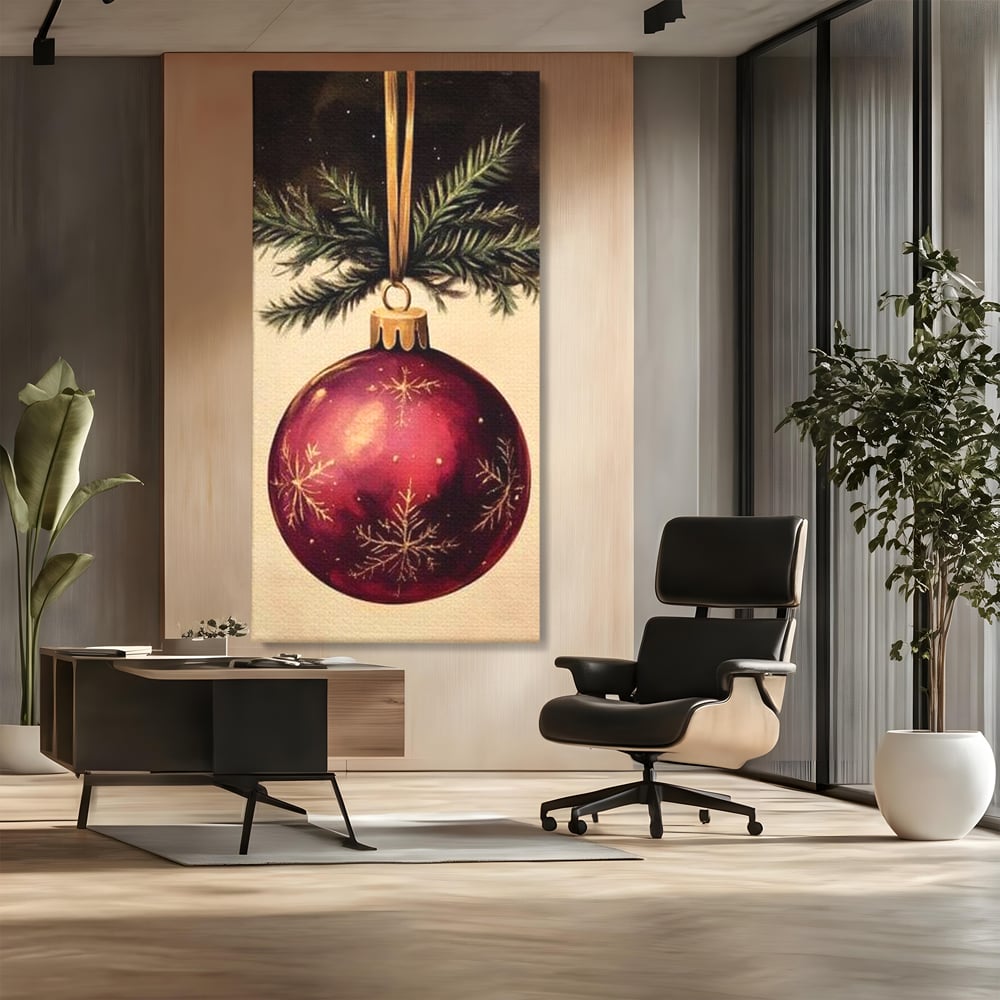 Tablou Canvas Premium, LuxCanva® D1078, Glob Regal, Stralucire, Visiniu, Frumusete, Aur, Rosu, Ramura, Verde, Brad, Podoaba, Iarna, Festiv, Panglica, Atemporal, Clasic, Camera Copil, Living, Dormitor