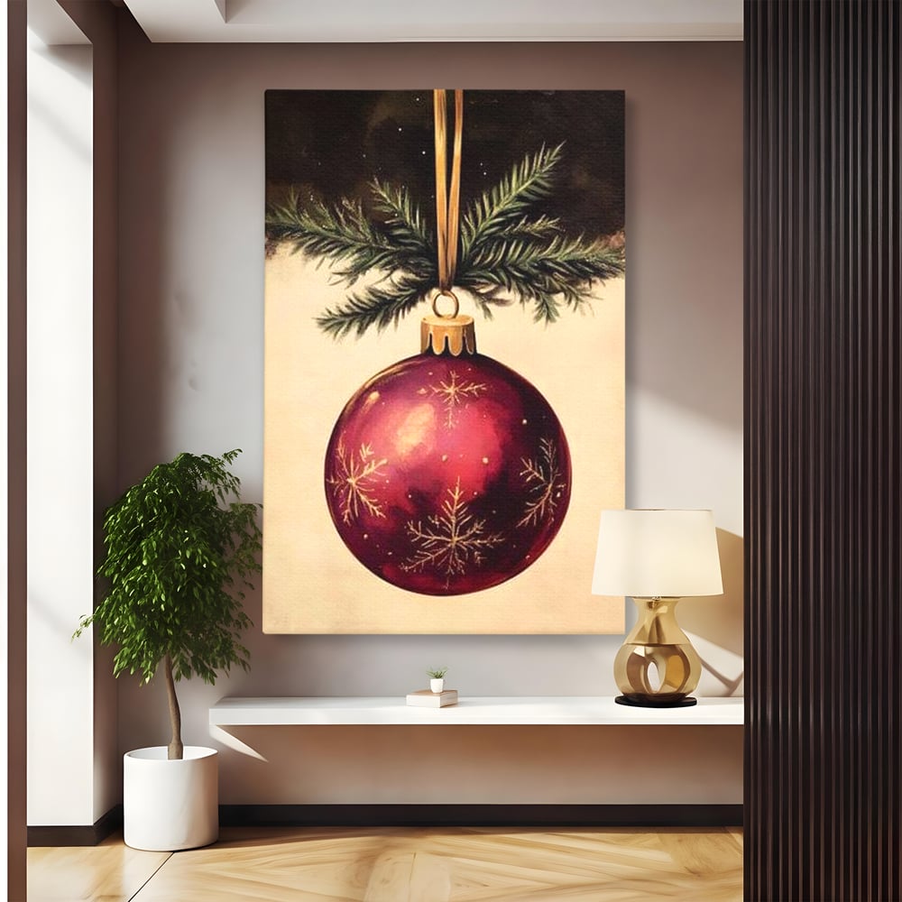 Tablou Canvas Premium, LuxCanva® D1078, Glob Regal, Stralucire, Visiniu, Frumusete, Aur, Rosu, Ramura, Verde, Brad, Podoaba, Iarna, Festiv, Panglica, Atemporal, Clasic, Camera Copil, Living, Dormitor