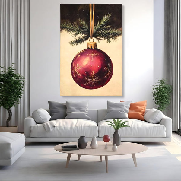 Tablou Canvas Premium, LuxCanva® D1078, Glob Regal, Stralucire, Visiniu, Frumusete, Aur, Rosu, Ramura, Verde, Brad, Podoaba, Iarna, Festiv, Panglica, Atemporal, Clasic, Camera Copil, Living, Dormitor