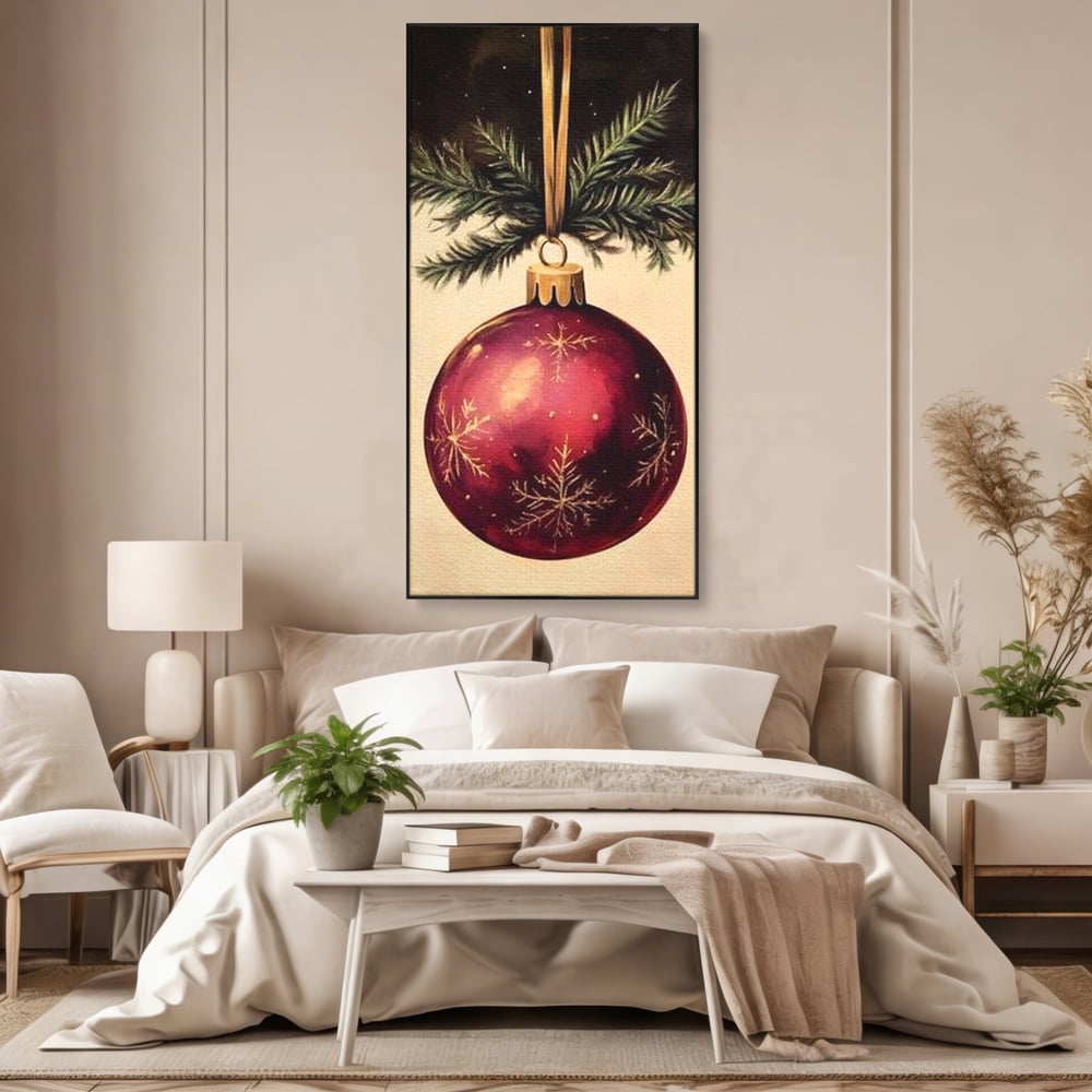 Tablou Canvas Premium, LuxCanva® D1078, Glob Regal, Stralucire, Visiniu, Frumusete, Aur, Rosu, Ramura, Verde, Brad, Podoaba, Iarna, Festiv, Panglica, Atemporal, Clasic, Camera Copil, Living, Dormitor