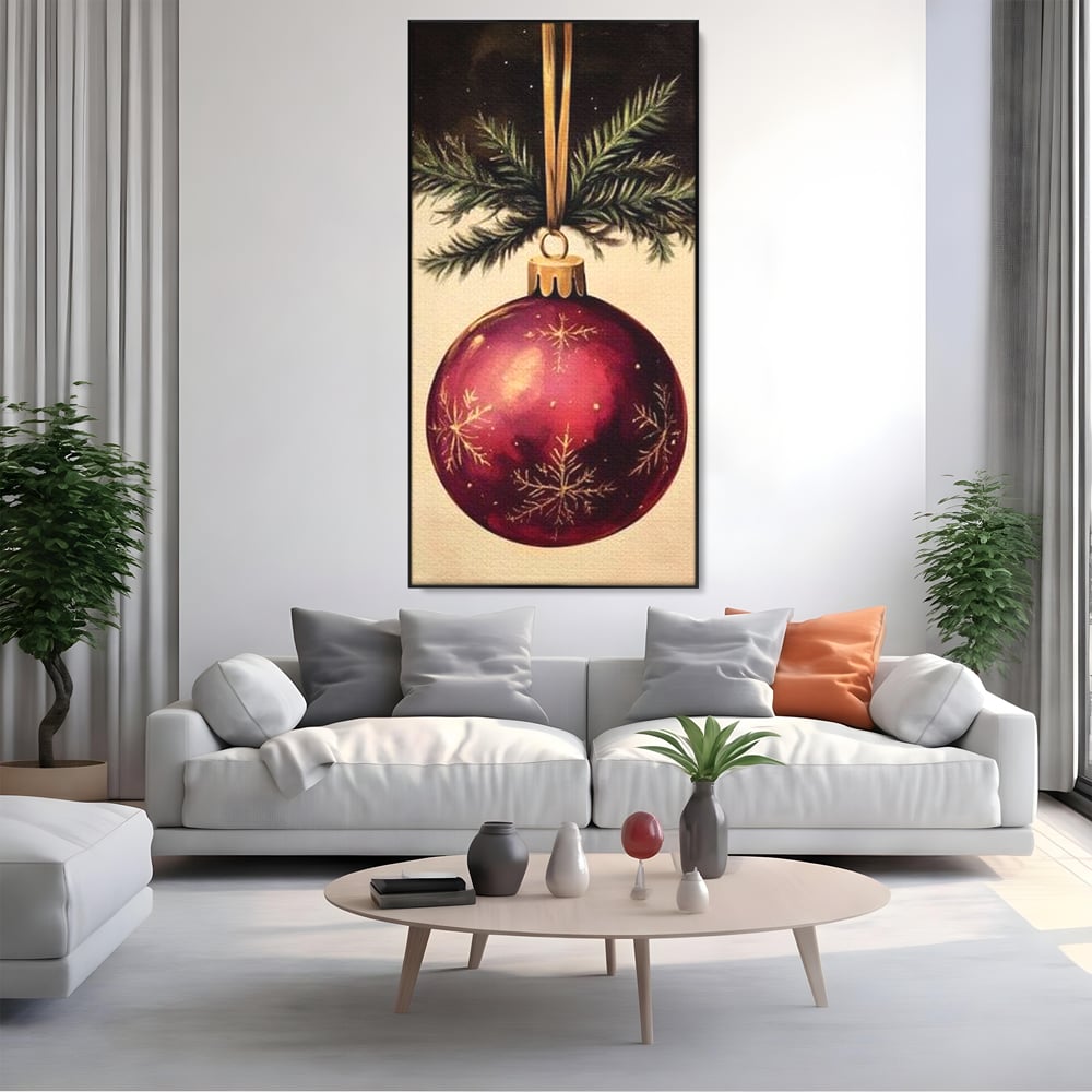 Tablou Canvas Premium, LuxCanva® D1078, Glob Regal, Stralucire, Visiniu, Frumusete, Aur, Rosu, Ramura, Verde, Brad, Podoaba, Iarna, Festiv, Panglica, Atemporal, Clasic, Camera Copil, Living, Dormitor