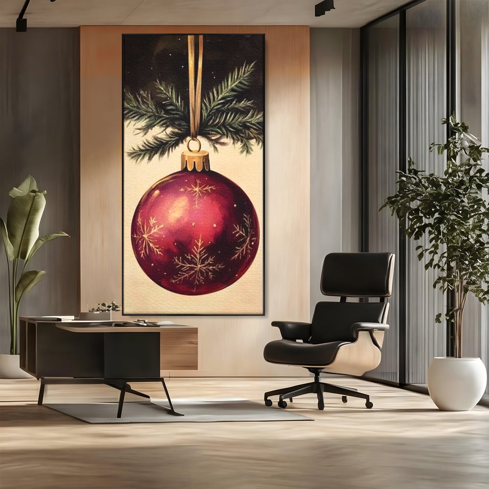 Tablou Canvas Premium, LuxCanva® D1078, Glob Regal, Stralucire, Visiniu, Frumusete, Aur, Rosu, Ramura, Verde, Brad, Podoaba, Iarna, Festiv, Panglica, Atemporal, Clasic, Camera Copil, Living, Dormitor