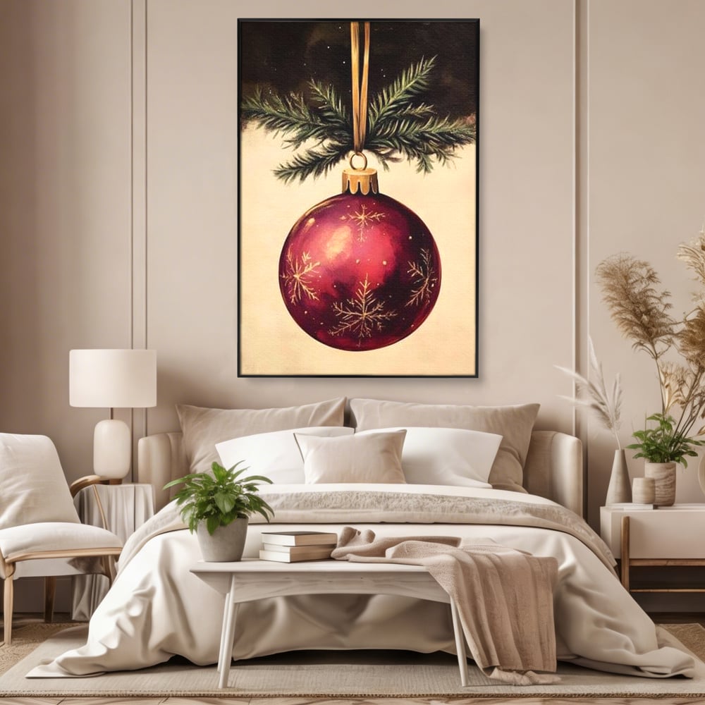 Tablou Canvas Premium, LuxCanva® D1078, Glob Regal, Stralucire, Visiniu, Frumusete, Aur, Rosu, Ramura, Verde, Brad, Podoaba, Iarna, Festiv, Panglica, Atemporal, Clasic, Camera Copil, Living, Dormitor