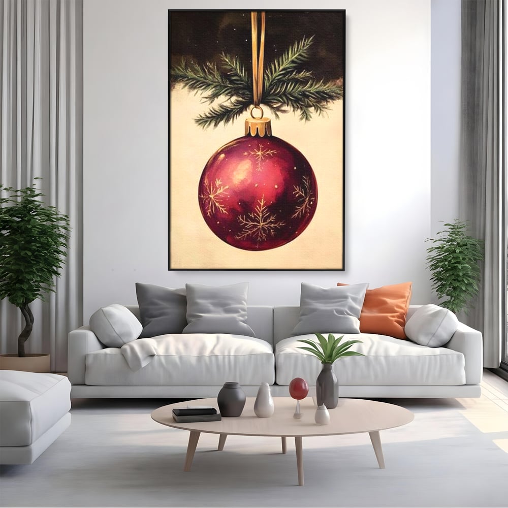 Tablou Canvas Premium, LuxCanva® D1078, Glob Regal, Stralucire, Visiniu, Frumusete, Aur, Rosu, Ramura, Verde, Brad, Podoaba, Iarna, Festiv, Panglica, Atemporal, Clasic, Camera Copil, Living, Dormitor