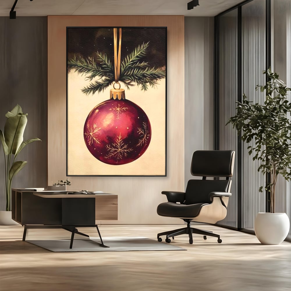 Tablou Canvas Premium, LuxCanva® D1078, Glob Regal, Stralucire, Visiniu, Frumusete, Aur, Rosu, Ramura, Verde, Brad, Podoaba, Iarna, Festiv, Panglica, Atemporal, Clasic, Camera Copil, Living, Dormitor