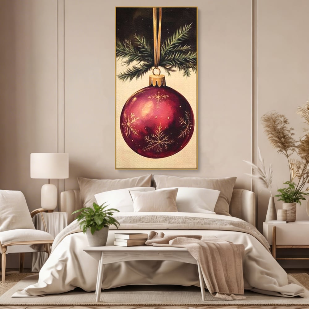 Tablou Canvas Premium, LuxCanva® D1078, Glob Regal, Stralucire, Visiniu, Frumusete, Aur, Rosu, Ramura, Verde, Brad, Podoaba, Iarna, Festiv, Panglica, Atemporal, Clasic, Camera Copil, Living, Dormitor