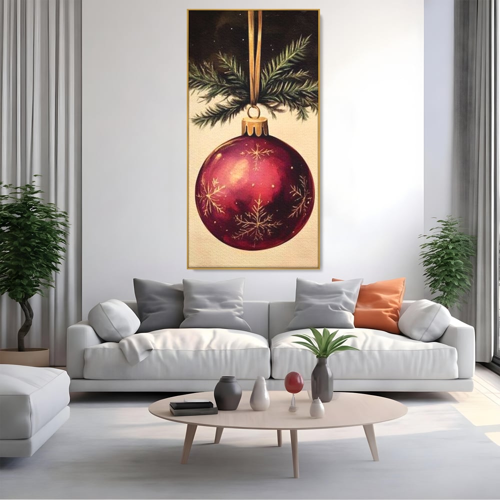 Tablou Canvas Premium, LuxCanva® D1078, Glob Regal, Stralucire, Visiniu, Frumusete, Aur, Rosu, Ramura, Verde, Brad, Podoaba, Iarna, Festiv, Panglica, Atemporal, Clasic, Camera Copil, Living, Dormitor