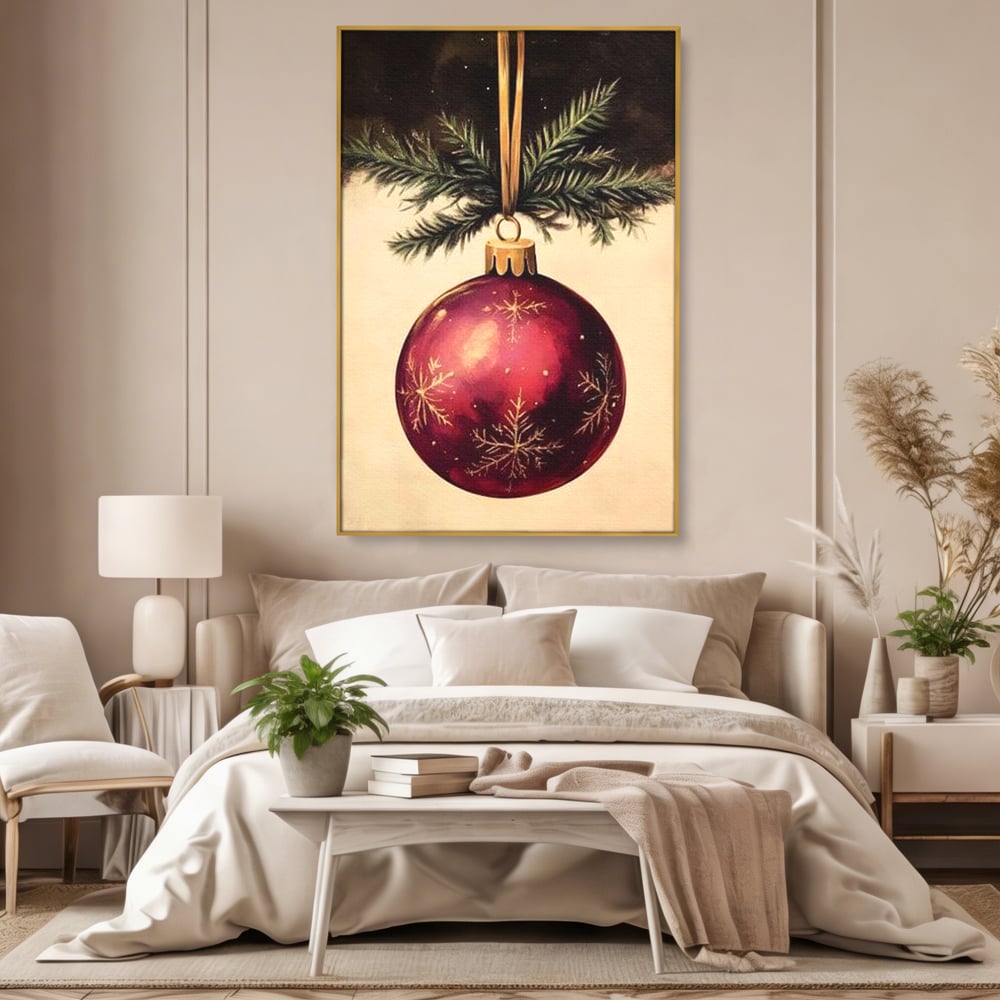 Tablou Canvas Premium, LuxCanva® D1078, Glob Regal, Stralucire, Visiniu, Frumusete, Aur, Rosu, Ramura, Verde, Brad, Podoaba, Iarna, Festiv, Panglica, Atemporal, Clasic, Camera Copil, Living, Dormitor