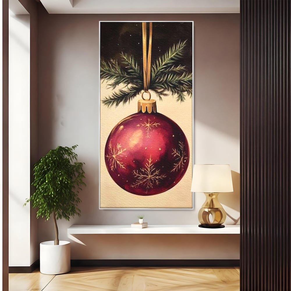 Tablou Canvas Premium, LuxCanva® D1078, Glob Regal, Stralucire, Visiniu, Frumusete, Aur, Rosu, Ramura, Verde, Brad, Podoaba, Iarna, Festiv, Panglica, Atemporal, Clasic, Camera Copil, Living, Dormitor