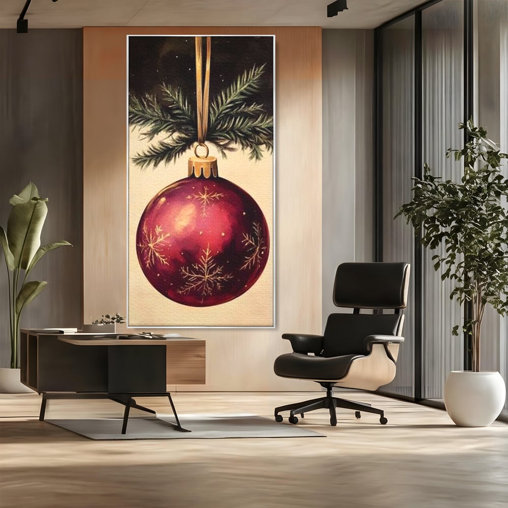 Tablou Canvas Premium, LuxCanva® D1078, Glob Regal, Stralucire, Visiniu, Frumusete, Aur, Rosu, Ramura, Verde, Brad, Podoaba, Iarna, Festiv, Panglica, Atemporal, Clasic, Camera Copil, Living, Dormitor