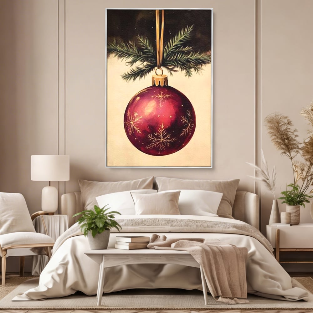 Tablou Canvas Premium, LuxCanva® D1078, Glob Regal, Stralucire, Visiniu, Frumusete, Aur, Rosu, Ramura, Verde, Brad, Podoaba, Iarna, Festiv, Panglica, Atemporal, Clasic, Camera Copil, Living, Dormitor