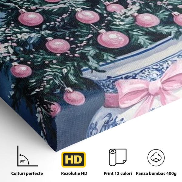 Tablou Canvas Premium, LuxCanva® D1080, Bradutul din Vaza, Roz, Podoabe, Pastelat, Fundita, Rafinat, Aristocratic, Mic, Alb, Albastru, Romantic, Miniatura, Globuri, Camera Copil, Living, Dormitor