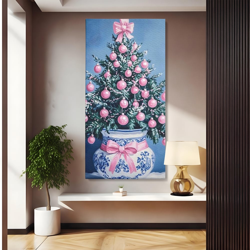 Tablou Canvas Premium, LuxCanva® D1080, Bradutul din Vaza, Roz, Podoabe, Pastelat, Fundita, Rafinat, Aristocratic, Mic, Alb, Albastru, Romantic, Miniatura, Globuri, Camera Copil, Living, Dormitor