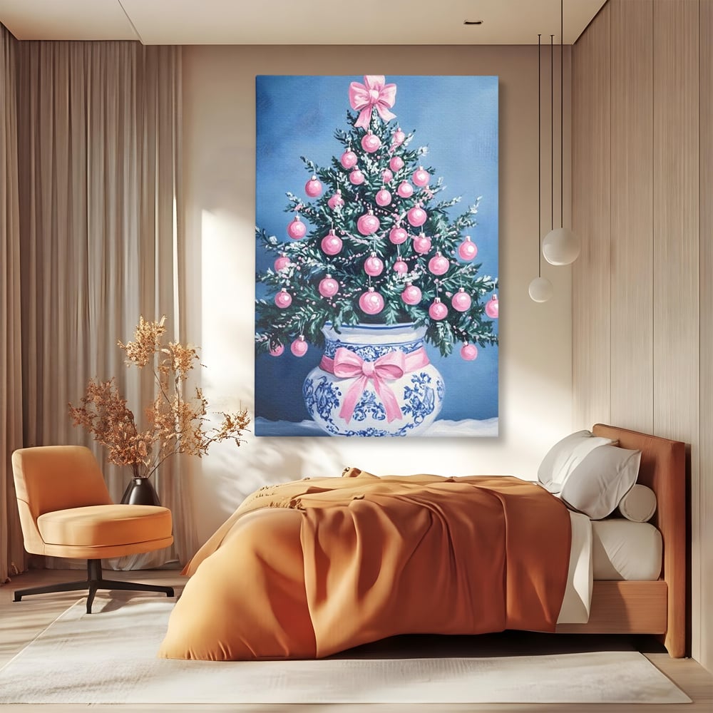 Tablou Canvas Premium, LuxCanva® D1080, Bradutul din Vaza, Roz, Podoabe, Pastelat, Fundita, Rafinat, Aristocratic, Mic, Alb, Albastru, Romantic, Miniatura, Globuri, Camera Copil, Living, Dormitor