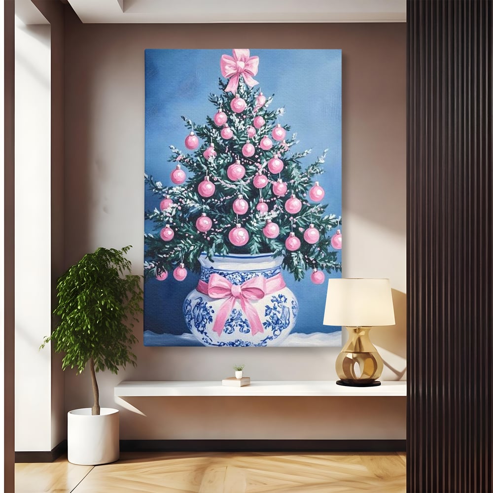Tablou Canvas Premium, LuxCanva® D1080, Bradutul din Vaza, Roz, Podoabe, Pastelat, Fundita, Rafinat, Aristocratic, Mic, Alb, Albastru, Romantic, Miniatura, Globuri, Camera Copil, Living, Dormitor