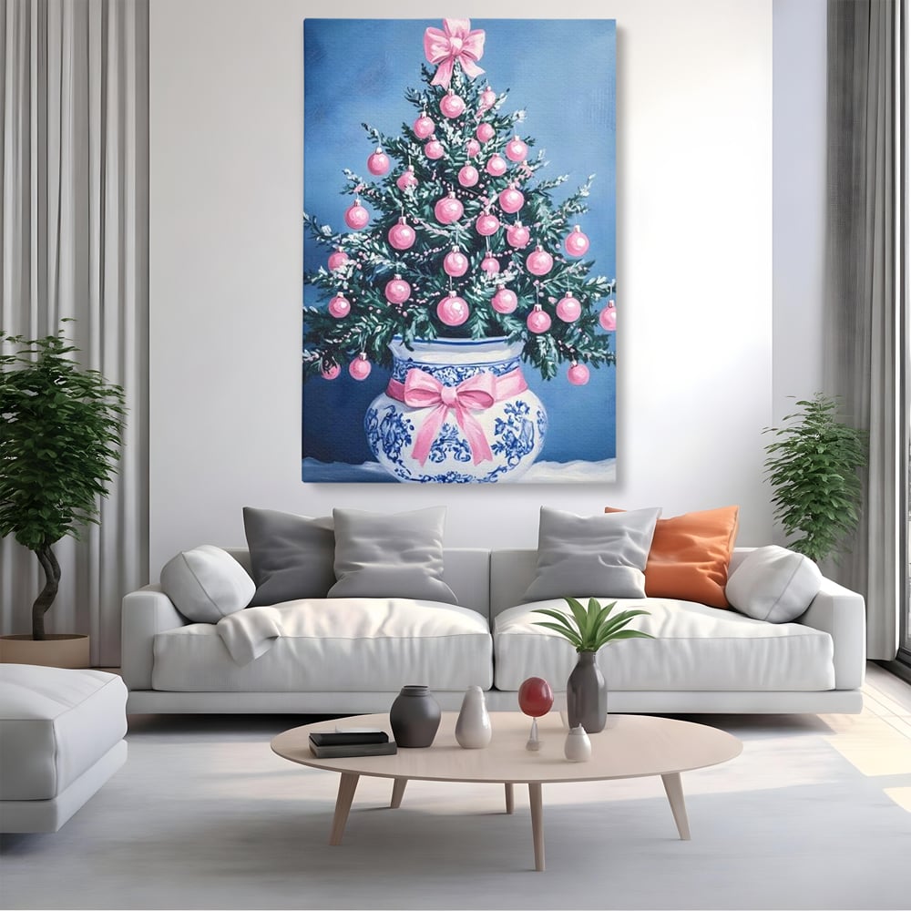 Tablou Canvas Premium, LuxCanva® D1080, Bradutul din Vaza, Roz, Podoabe, Pastelat, Fundita, Rafinat, Aristocratic, Mic, Alb, Albastru, Romantic, Miniatura, Globuri, Camera Copil, Living, Dormitor