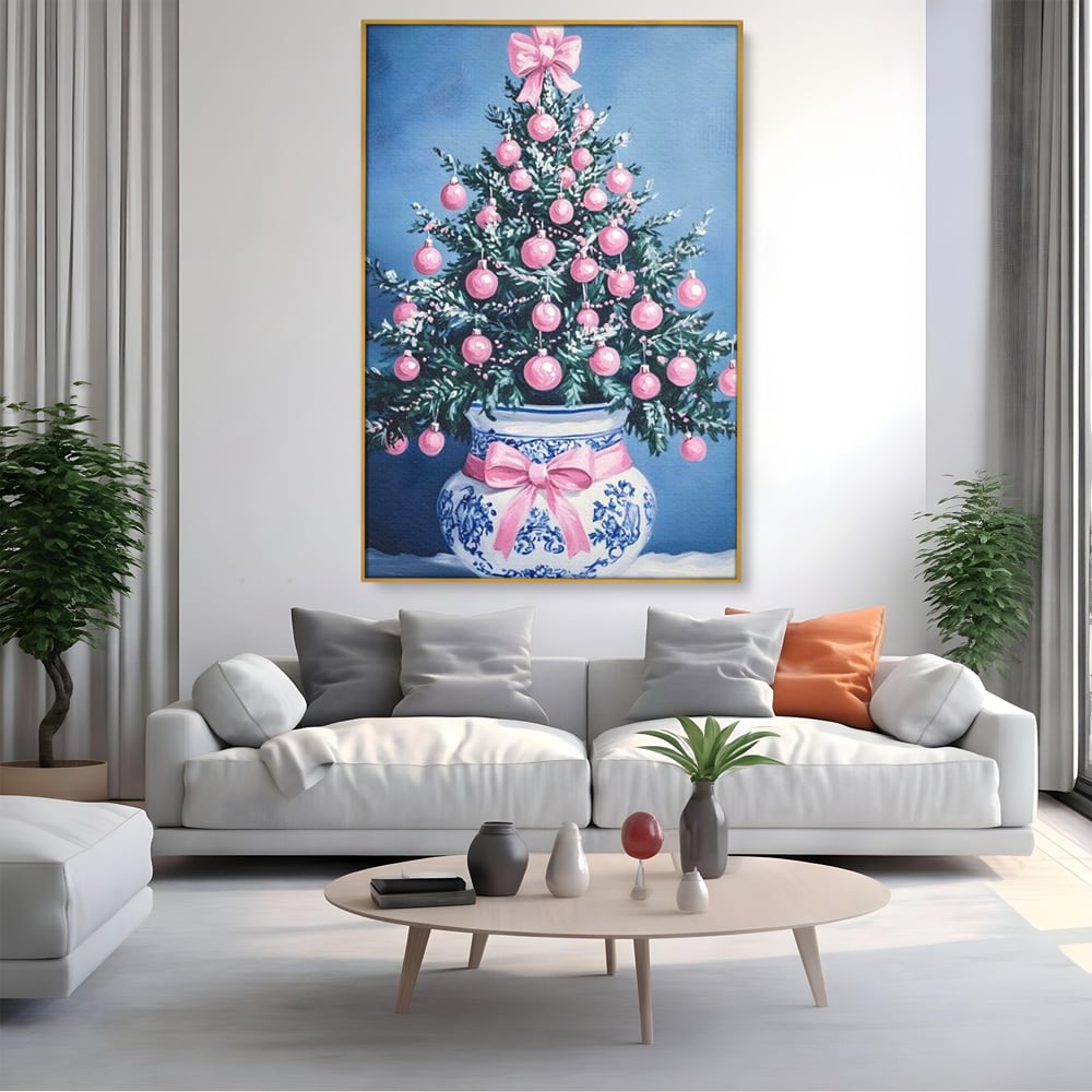 Tablou Canvas Premium, LuxCanva® D1080, Bradutul din Vaza, Roz, Podoabe, Pastelat, Fundita, Rafinat, Aristocratic, Mic, Alb, Albastru, Romantic, Miniatura, Globuri, Camera Copil, Living, Dormitor