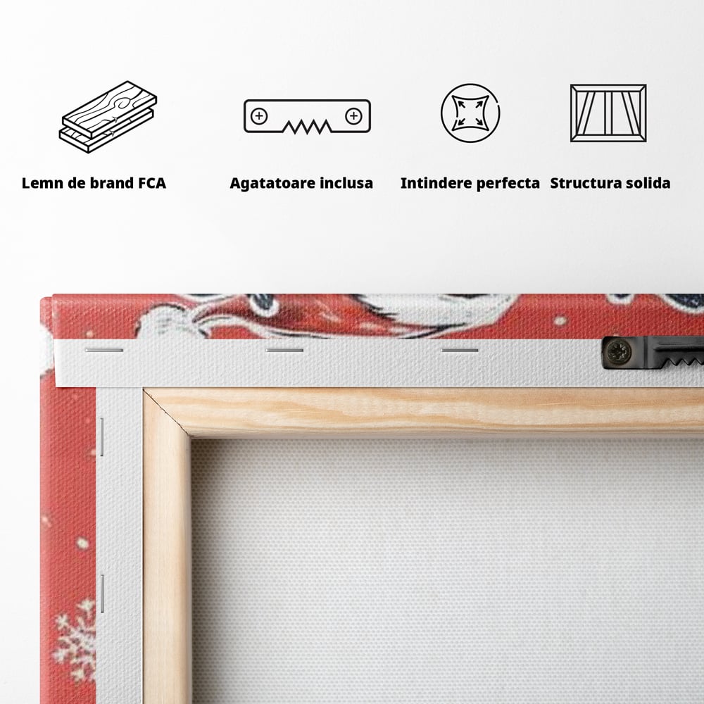 Tablou Canvas Premium, LuxCanva® D1081, Veselia lui Mos Craciun, Craciun, Decoratiune, Perete, Sarbatori, Festiv, Cadou, Copilarie, Ajun, Santa, Mos, Rosu, Costum, Fulgi, Nea, Camera Copil, Living, Dormitor