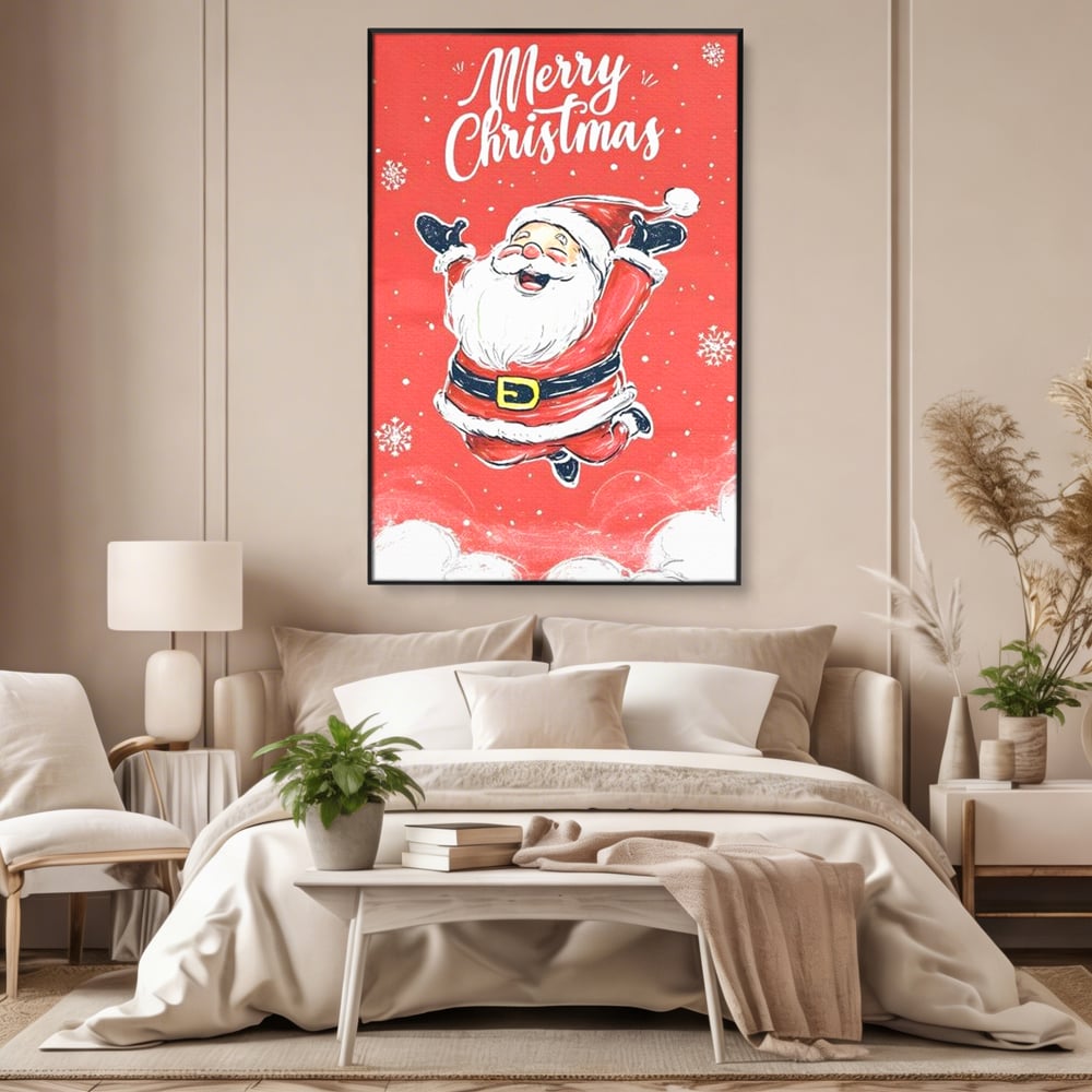 Tablou Canvas Premium, LuxCanva® D1081, Veselia lui Mos Craciun, Craciun, Decoratiune, Perete, Sarbatori, Festiv, Cadou, Copilarie, Ajun, Santa, Mos, Rosu, Costum, Fulgi, Nea, Camera Copil, Living, Dormitor