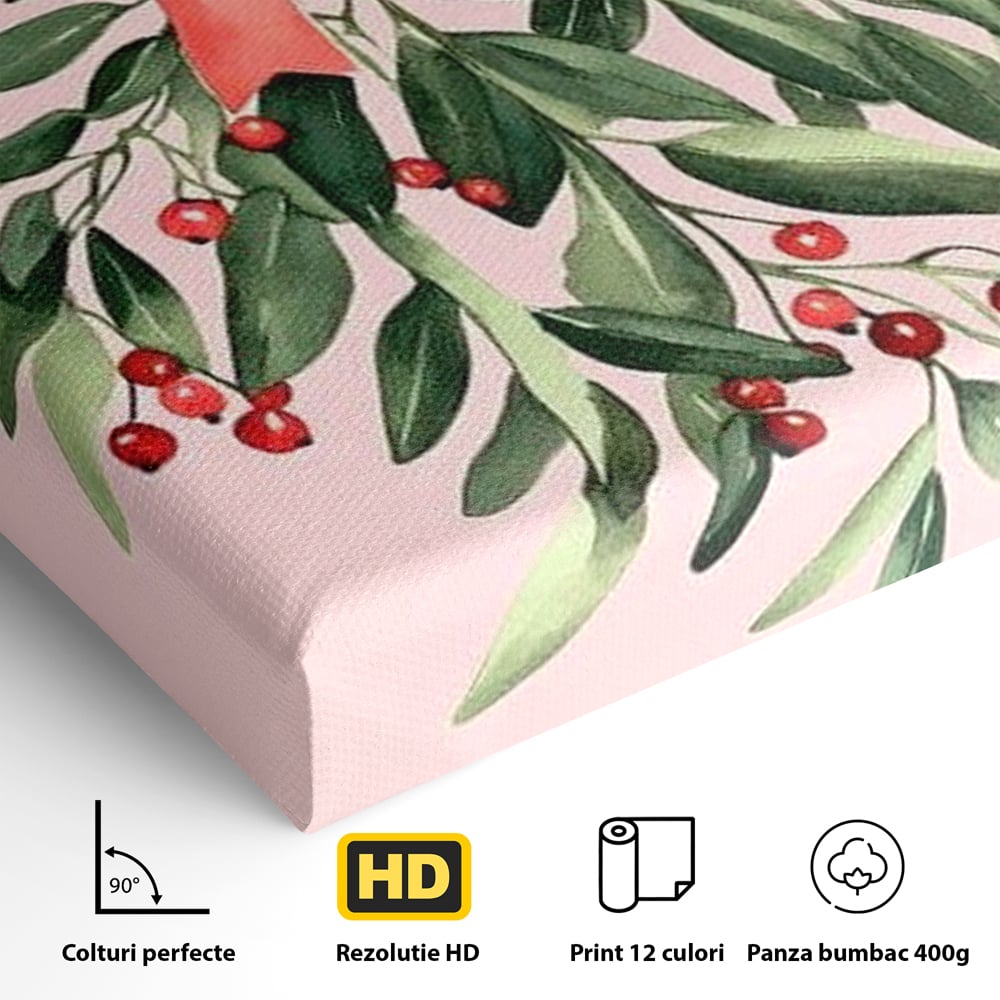 Fotoleinwand Leinwand Premium, LuxCanva® D1082, Zweig mit roter Hülle, Weihnachten, Pflanze, Zweig, Blätter, festlich, elegant, rosa, Winter, Jahreszeit, einfach, grün, grün, Atmosphäre, Kinderzimmer, Wohnen, Schlafzimmer