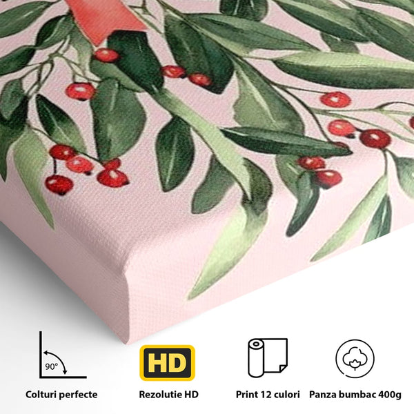 Fotoleinwand Leinwand Premium, LuxCanva® D1082, Zweig mit roter Hülle, Weihnachten, Pflanze, Zweig, Blätter, festlich, elegant, rosa, Winter, Jahreszeit, einfach, grün, grün, Atmosphäre, Kinderzimmer, Wohnen, Schlafzimmer