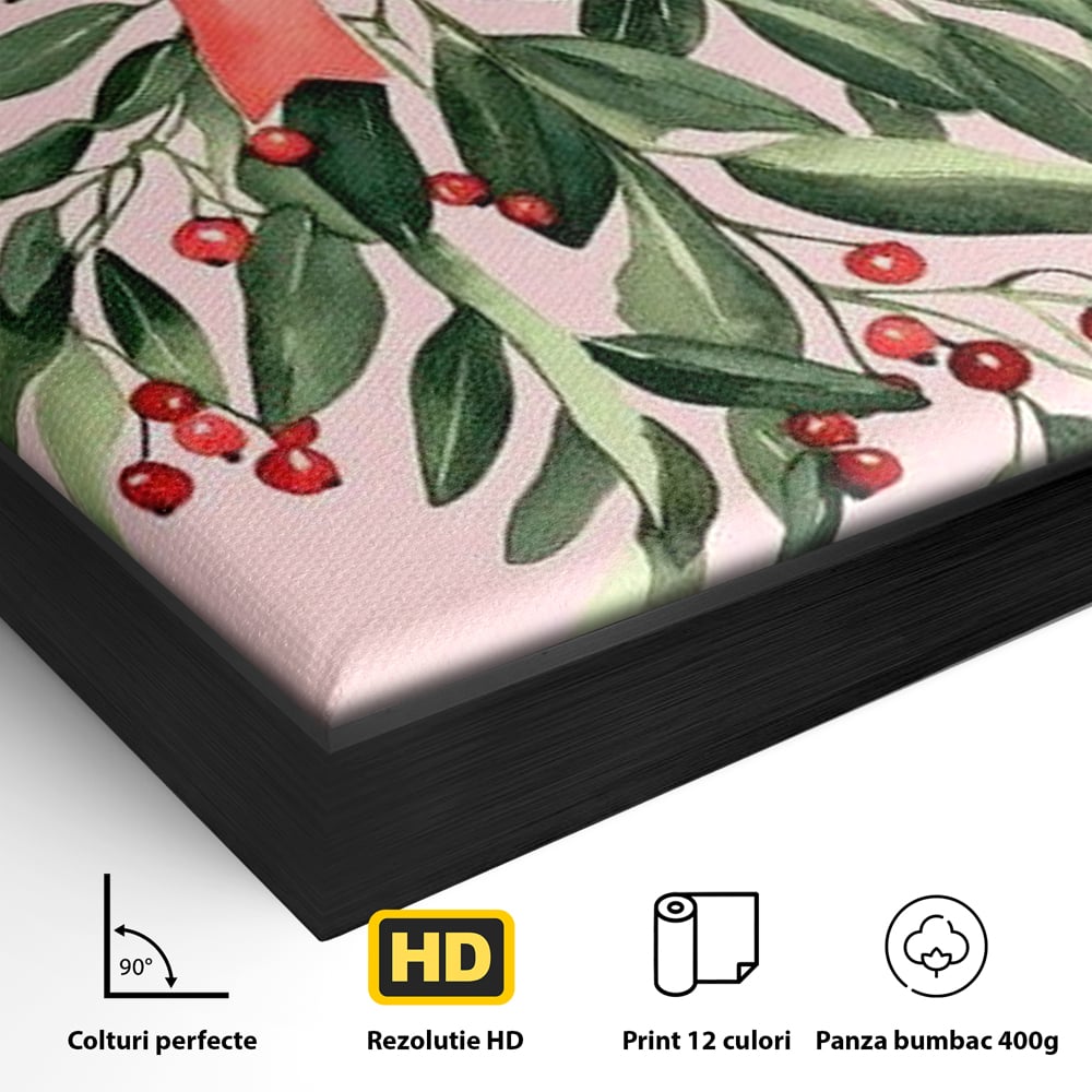 Fotoleinwand Leinwand Premium, LuxCanva® D1082, Zweig mit roter Hülle, Weihnachten, Pflanze, Zweig, Blätter, festlich, elegant, rosa, Winter, Jahreszeit, einfach, grün, grün, Atmosphäre, Kinderzimmer, Wohnen, Schlafzimmer