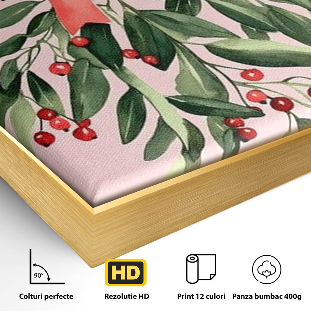Fotoleinwand Leinwand Premium, LuxCanva® D1082, Zweig mit roter Hülle, Weihnachten, Pflanze, Zweig, Blätter, festlich, elegant, rosa, Winter, Jahreszeit, einfach, grün, grün, Atmosphäre, Kinderzimmer, Wohnen, Schlafzimmer
