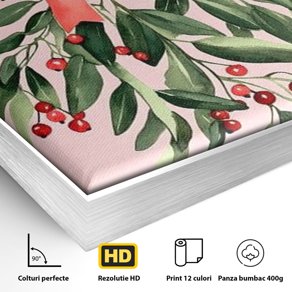 Fotoleinwand Leinwand Premium, LuxCanva® D1082, Zweig mit roter Hülle, Weihnachten, Pflanze, Zweig, Blätter, festlich, elegant, rosa, Winter, Jahreszeit, einfach, grün, grün, Atmosphäre, Kinderzimmer, Wohnen, Schlafzimmer