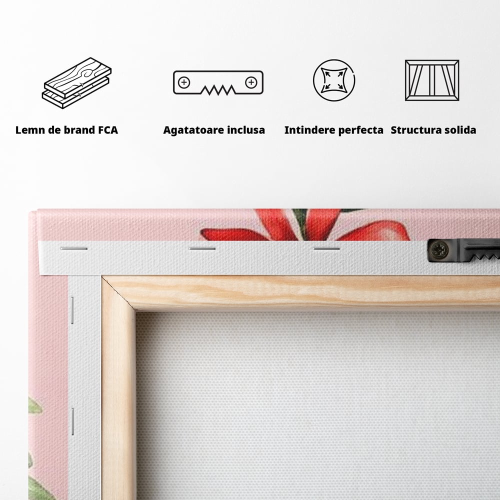 Fotoleinwand Leinwand Premium, LuxCanva® D1082, Zweig mit roter Hülle, Weihnachten, Pflanze, Zweig, Blätter, festlich, elegant, rosa, Winter, Jahreszeit, einfach, grün, grün, Atmosphäre, Kinderzimmer, Wohnen, Schlafzimmer