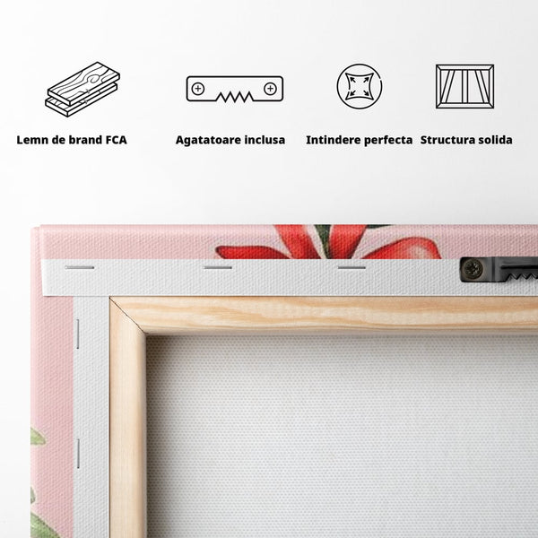 Fotoleinwand Leinwand Premium, LuxCanva® D1082, Zweig mit roter Hülle, Weihnachten, Pflanze, Zweig, Blätter, festlich, elegant, rosa, Winter, Jahreszeit, einfach, grün, grün, Atmosphäre, Kinderzimmer, Wohnen, Schlafzimmer